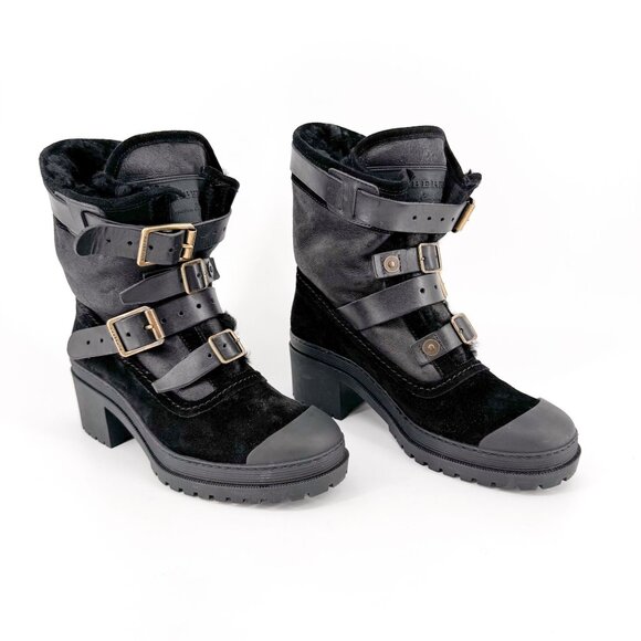 Burberry Aviator Dukes Boots EU 38 US 8 Black Suede Fur Lined Moto Biker Harness - Picture 1 of 14